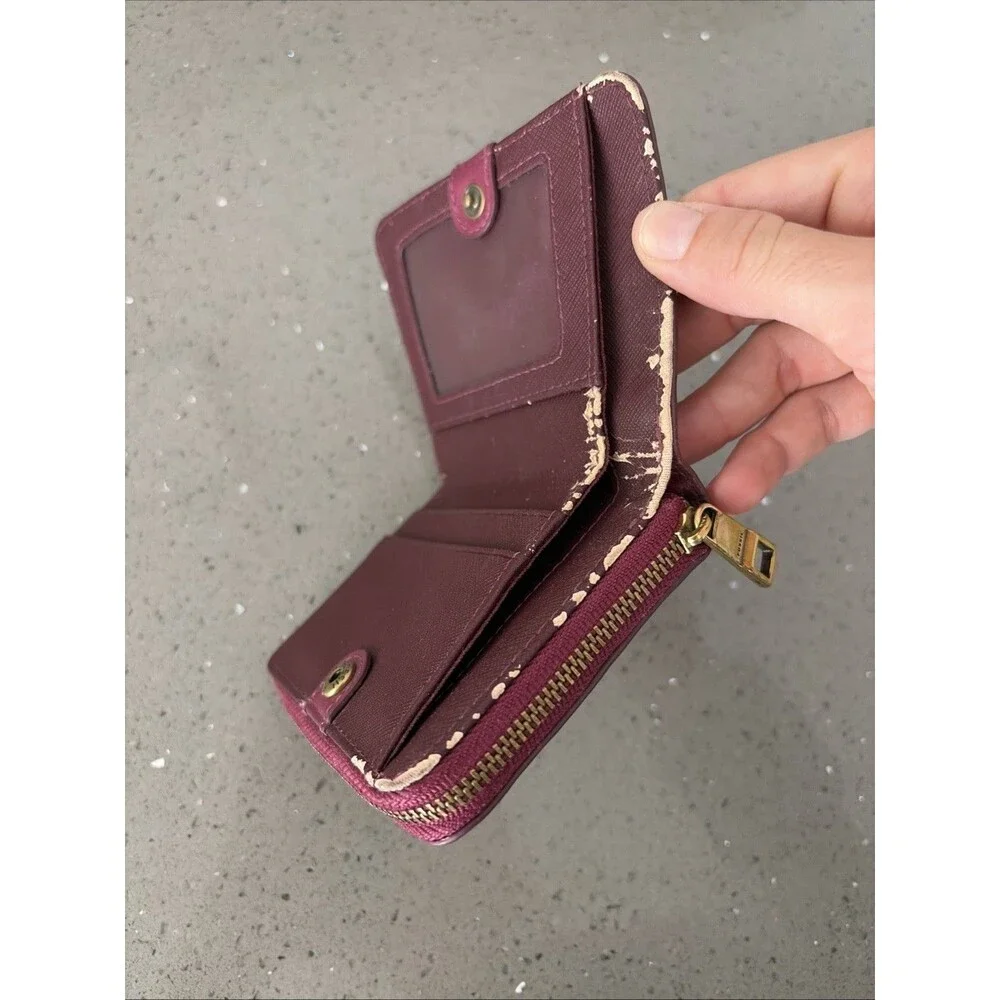 Fossil Women’s Pink Purple Leather Bifold Wallet Zip Coin Pocket READ